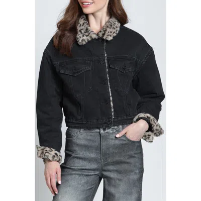 Apny Midnight Leopard Faux Fur Trim Trucker Jacket In Multi