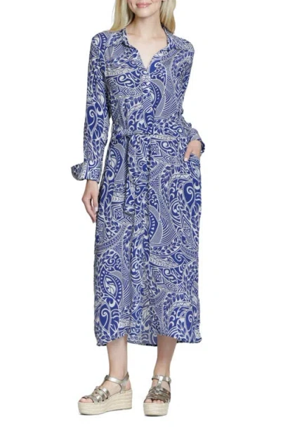 Apny Mix Print Long Sleeve Dress In Blue