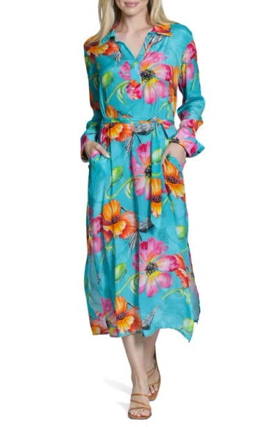 Apny Mix Print Long Sleeve Dress In Blue