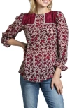 Apny Mixed Media Peasant Top In Red Multi
