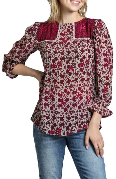 Apny Mixed Media Peasant Top In Red Multi