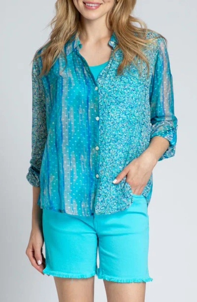 Apny Mixed Media Roll-up Sleeve Chiffon Button-up Shirt In Turquoise