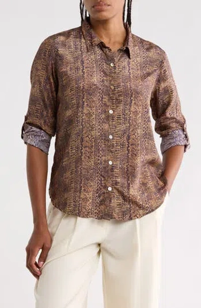 Apny Mixed Print Roll Tab Button Up Shirt In Brown
