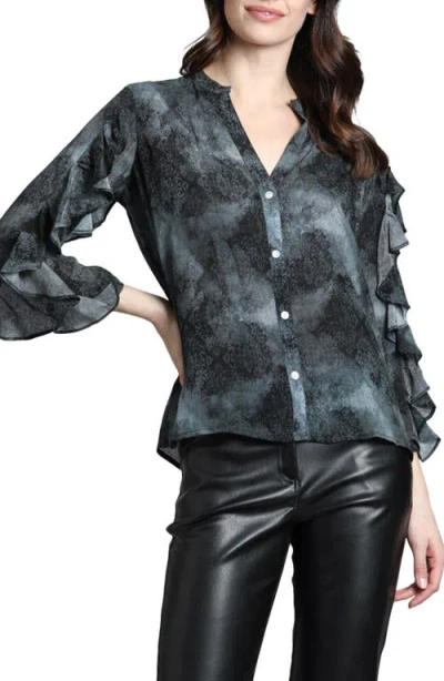 Apny Mixed Print Ruffle Sleeve Button-up Shirt In Black Multi