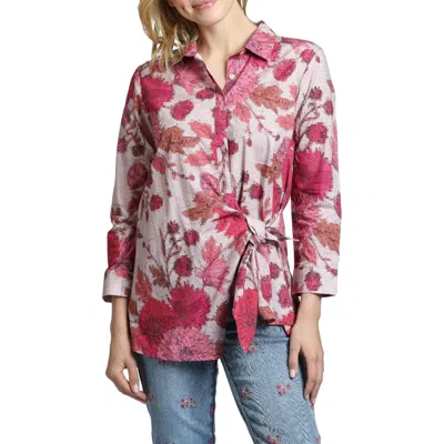 Apny Mixed Print Side Tie Cotton Button-up Shirt In Pink Multi