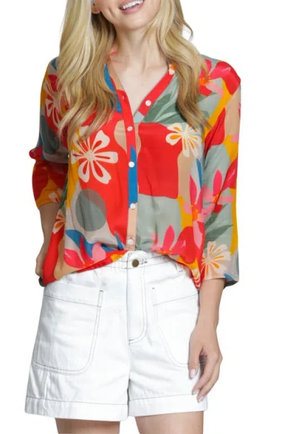 Apny Mixed Stripe Mandarin Collar Button-up Shirt In Green