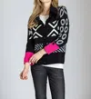 Apny Nordic Cardigan In Black And Pink In Multi
