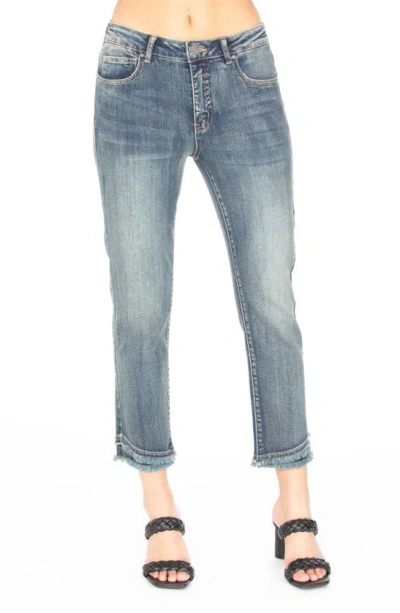 Apny Olivia Double Frayed Hem Mid Rise Ankle Slim Jeans In Medium Indigo