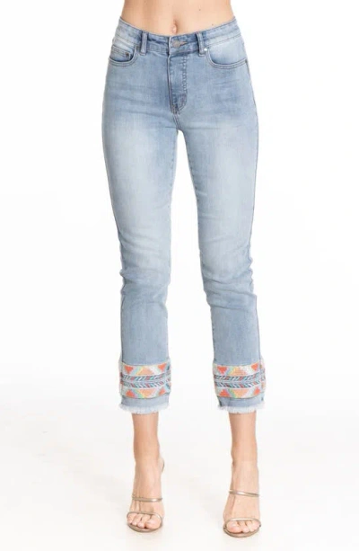 Apny Olivia Embroidered Frayed Ankle Skinny Jeans In Light Indigo