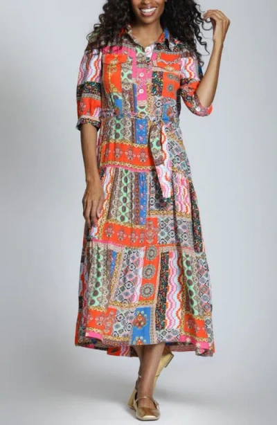 Apny Patchwork Print Long Sleeve Shirtdress In Multi
