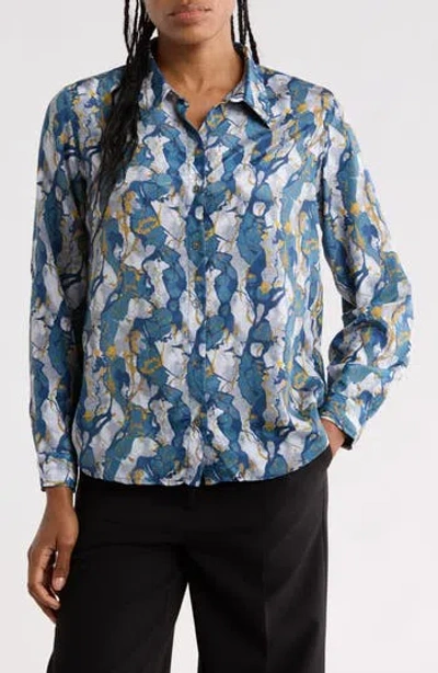 Apny Patterned Roll Tab Sleeve Button-up Shirt In Blue Multi