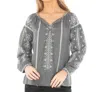 Apny Peasant Melange Embroidered Top In Heather Grey