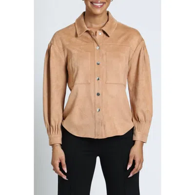 Apny Pleated Sleeve Faux Suede Shirt Jacket In Caramel