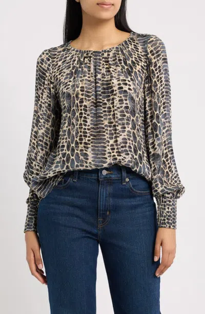 Apny Print Blouson Sleeve Top In Gray