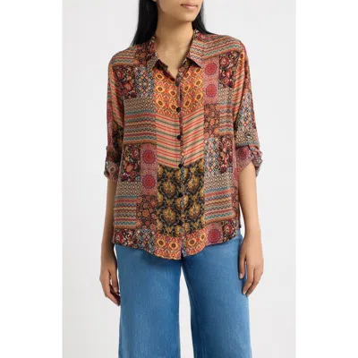Apny Print Button-up Shirt With Roll-tab Sleeves In Multi