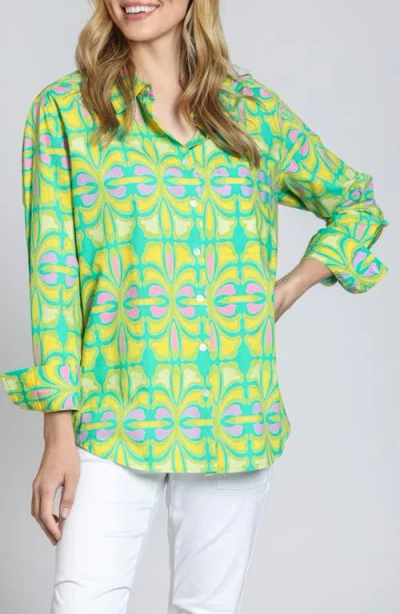 Apny Print Cotton Button-up Shirt In Lime Green Multi