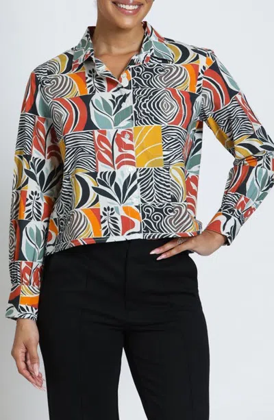 Apny Print Cotton Button-up Crop Shirt In Multi