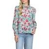 Apny Puff Sleeve Blouse With Ruched Detail In Turquoise Multi In Turquoise Multi