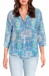 Apny Print Mandarin Collar Chiffon Button-up Top In Blue Multi
