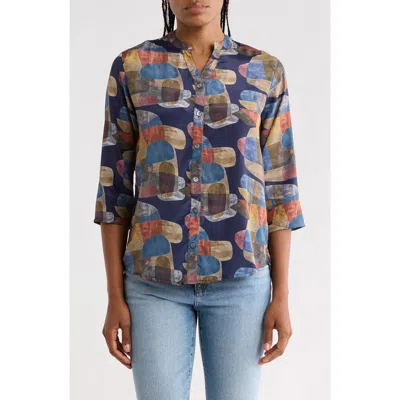 Apny Print Mandarin Collar Shift Top In Blue/ Red Multi