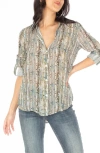 Apny Print Roll Tab Sleeve Button-up Shirt In Beige Multi