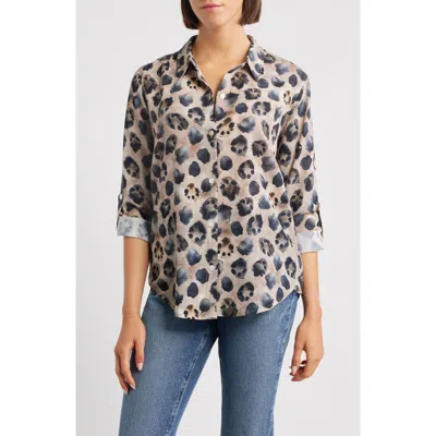 Apny Print Roll Tab Sleeve Chiffon Button-up Shirt In Multi