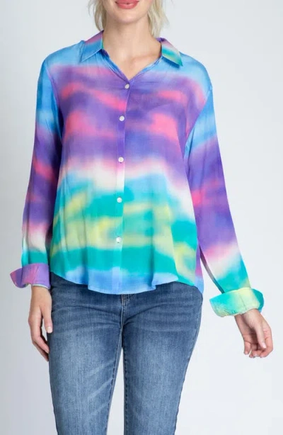 Apny Print Roll-up Sleeve Chiffon Button-up Shirt In Green Multi