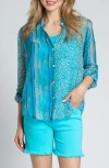 Apny Print Roll-up Sleeve Chiffon Button-up Shirt In Turquoise