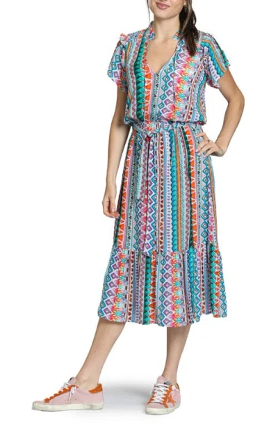 Apny Print Short Sleeve Midi Dress In Multi
