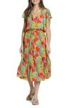 Apny Print Short Sleeve Midi Dress In Yellow/orange Multi