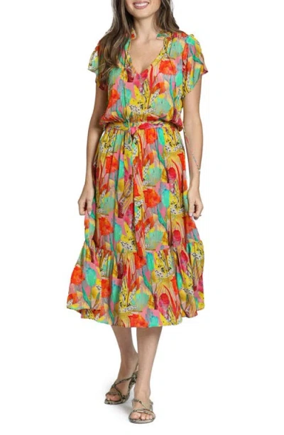 Apny Print Short Sleeve Midi Dress In Multi