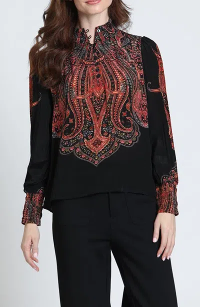 Apny Print Smocked Cuff Long Sleeve Top In Black