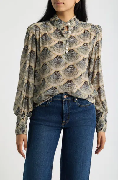 Apny Print Smocked Cuff Long Sleeve Top In Multi