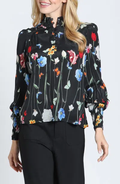 Apny Print Smocked Cuff Long Sleeve Top In Black