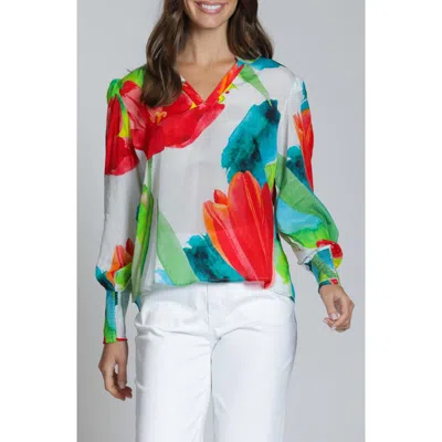 Apny Print Smocked Cuff Top In Multi