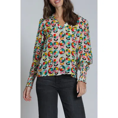 Apny Print Smocked Cuff Top In Multi
