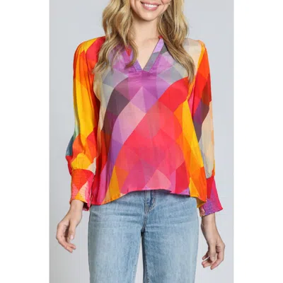 Apny Print Smocked Cuff Top In Purple Multi