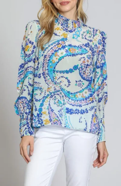 Apny Print Smocked Top In Blue Multi
