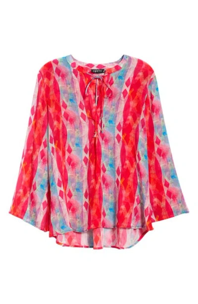 Apny Print Split Neck Bell Sleeve Top In Red
