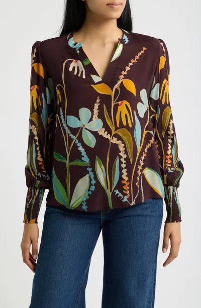 Apny Print Split Neck Top With Smocked Cuffs In Brown