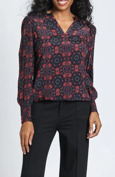 Apny Print Split Neck Top With Smocked Cuffs In Pink