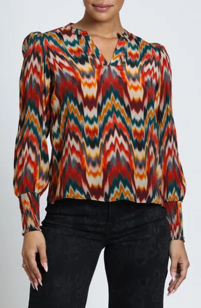 Apny Print Split Neck Top With Smocked Cuffs In Multi
