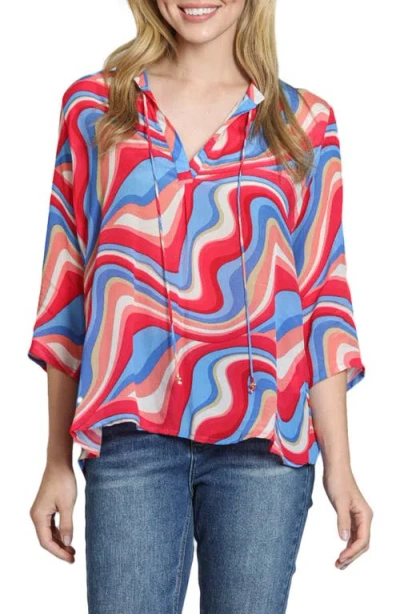 Apny Print Tassel Split Neck Chiffon Top In Multi