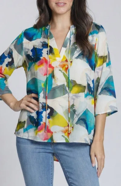 Apny Print Tassel Split Neck Chiffon Top In Multi