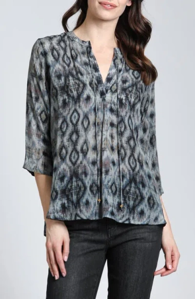 Apny Print Tassel Split Neck Chiffon Top In Black/grey Multi