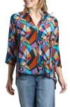 Apny Print Tassel Split Neck Chiffon Top In Black/rust Multi