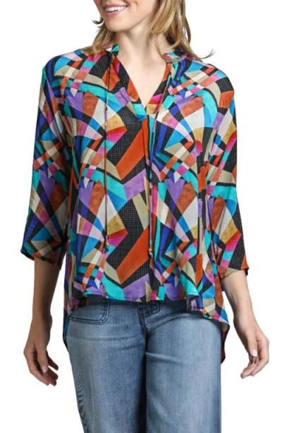 Apny Print Tassel Split Neck Chiffon Top In Black/rust Multi