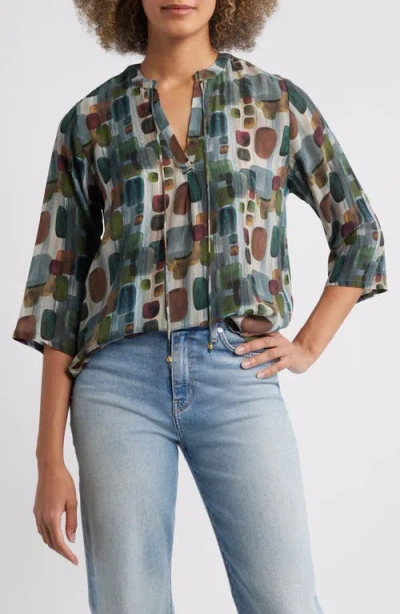 Apny Print Tassel Split Neck Chiffon Top In Multi