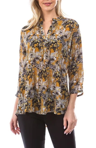 Apny Print Tassel Split Neck Chiffon Top In Brown