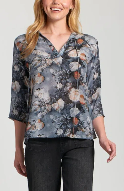 Apny Print Tassel Split Neck Chiffon Top In Gray